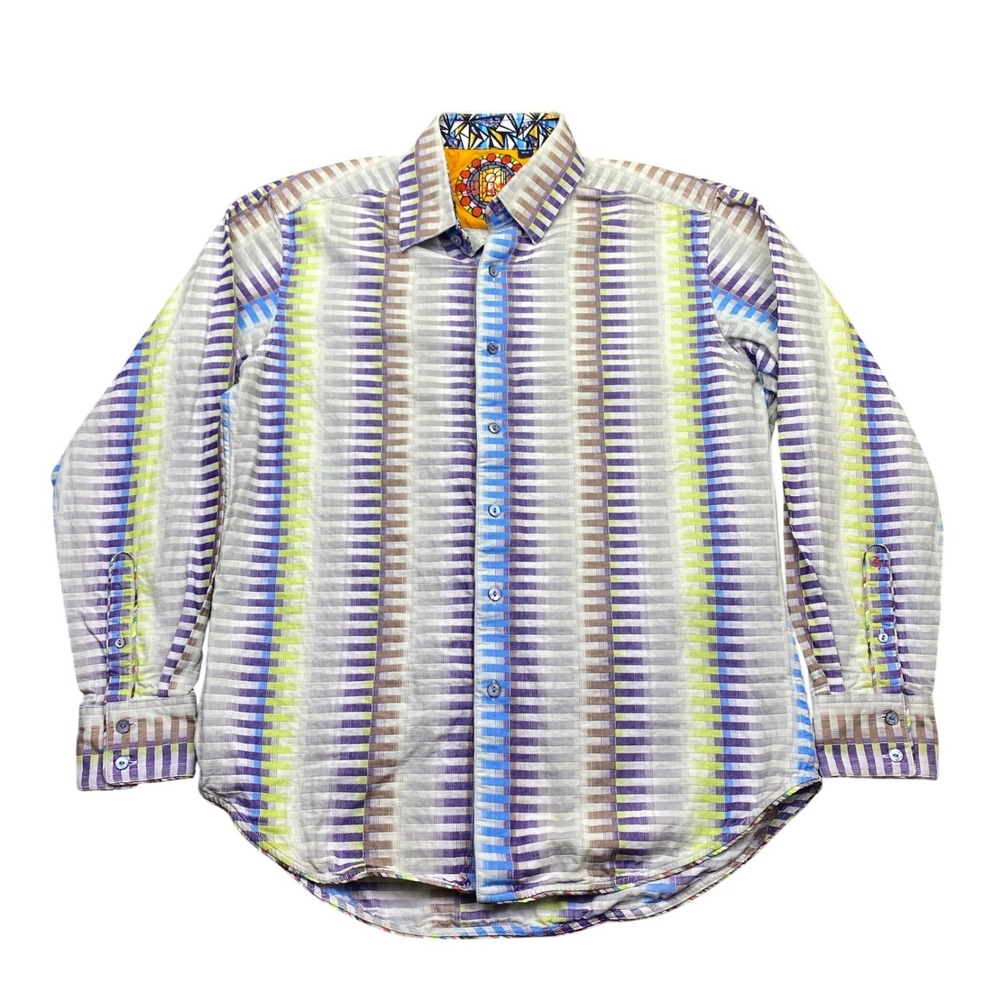Robert Graham Mens Medium Button Down Shirt Multi Color Stripe Stained Glass